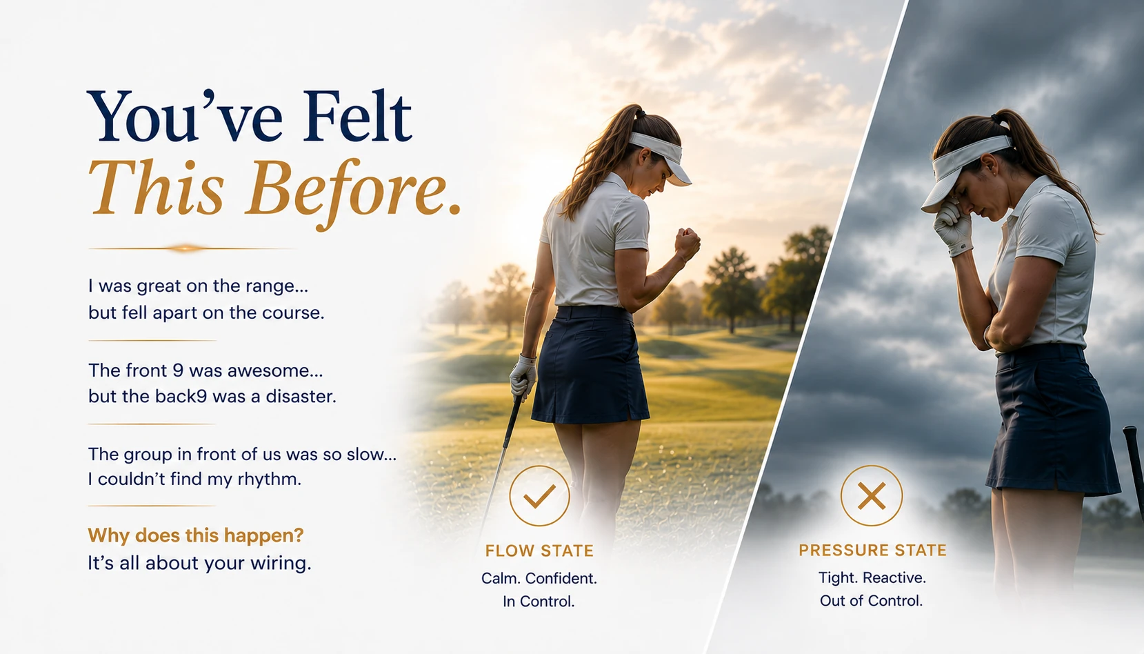 Wired2Win infographic contrasting a golfer in a flow state with the same golfer in a pressure state.