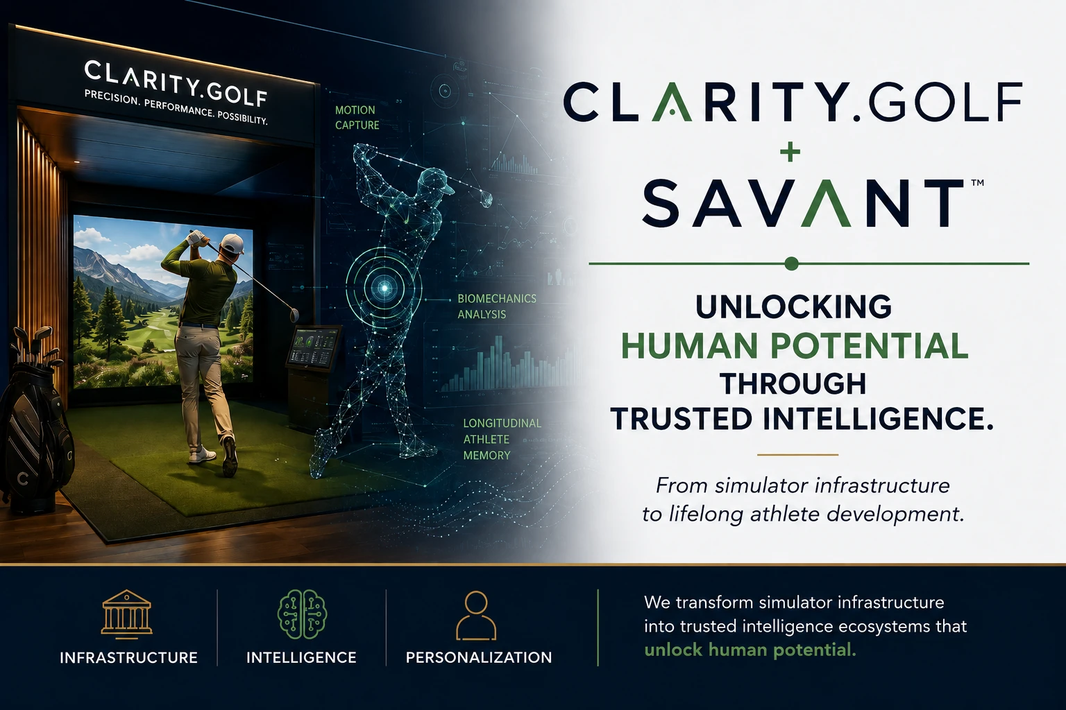 Savant Golf overview slide showing Clarity.Golf plus Savant and the line: unlocking human potential through trusted intelligence.
